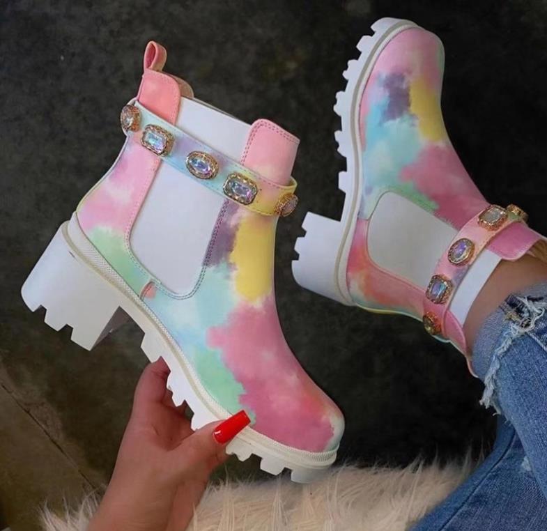 Women shoes winter color tie-dyed rhinestone ankle boots fashion women round toe thick heel short boots female non-slip boots