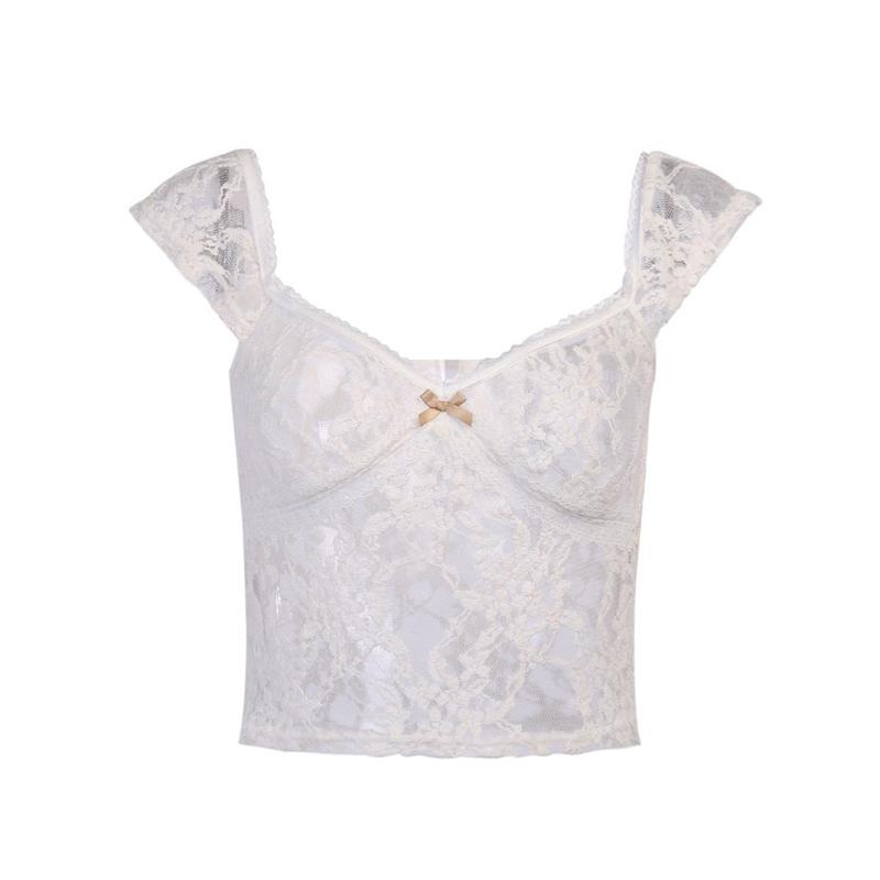 

Women's T-Shirt Summer Fashion Lace Flower Sleeveless Top Sexy Crop Tops See Through Slim Short Sleeved Mesh Perspective Tee, White