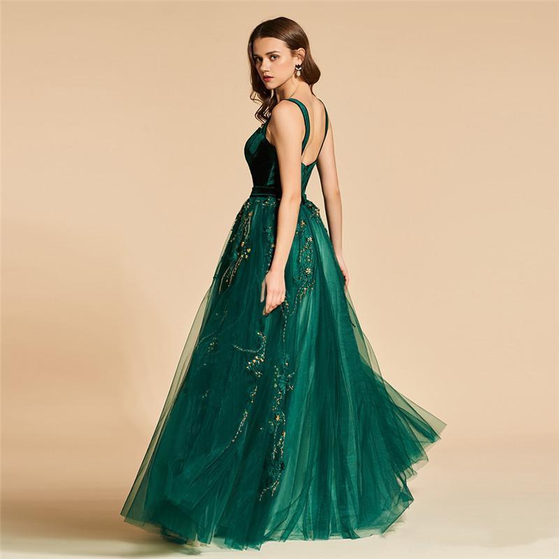 Spaghetti Straps Evening Dresses Soft Velvet 3D Floral Appliqued Beads A Line Tulle Long Prom Dress Zipper Back Bride Formal Party Vestidos