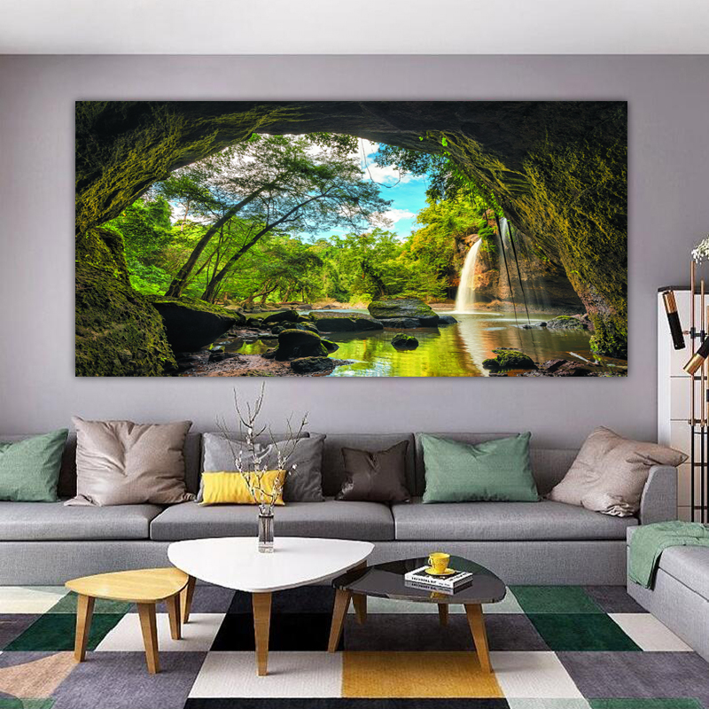 Landscape Pictures Modern Home Decor Hole Tree Waterfall Canvas Paintings Posters and Prints Wall Art for Living Room Big Size