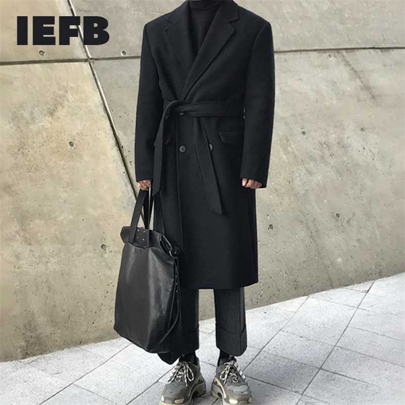 IEFB Men's Winter Middle Long Korean Trend Thickened Warm Woolen Coat Double Breasted Loose Business Style Fashion Windbreaker 211122