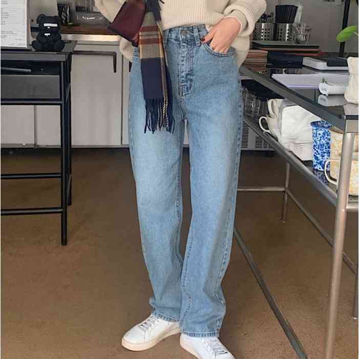 High Waist Denim Wide Leg Pants Jeans Women Blue Casual Fashion Zip-up Straight Fulll-length Trousers Korean Ladies 210514