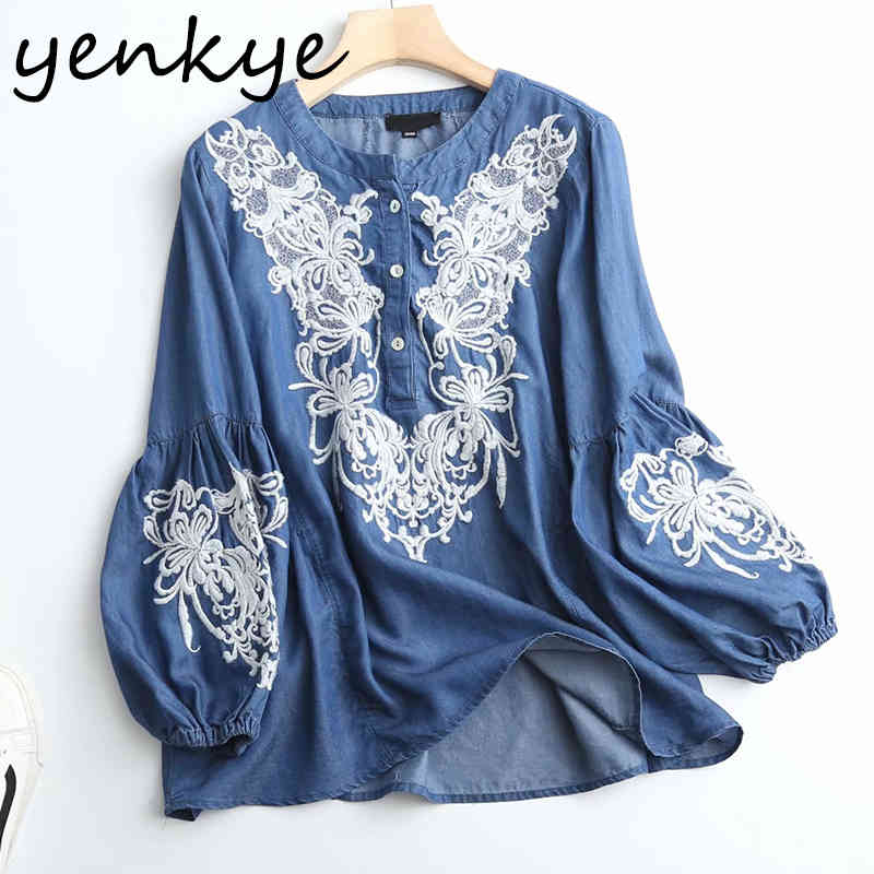 Floral Embroidery Vintage Blue Denim Shirt Blouse Women O Neck Lantern Sleeve Casual Plus Size Tops Summer Blusas 210430