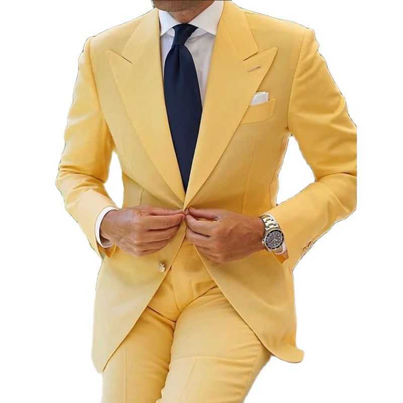 Yellow Slim Fit Casual Men Suits 2 Piece Wedding Groom Tuxedo Male Fashion Business Blazer with Pants Latest Design X0909