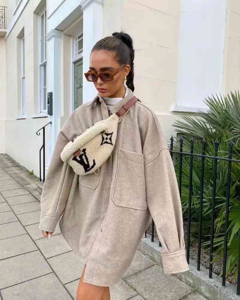 Vintage wool shirt jacket women oversize coat winter thick warm and casual loose outwear 210521