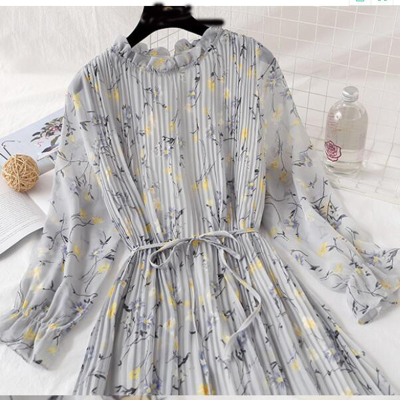 Women Long Dress Spring Summer Vintage Floral Print Pleated Chiffon Dress Long Sleeve Loose Plus Size Dresses Vestidos 210521
