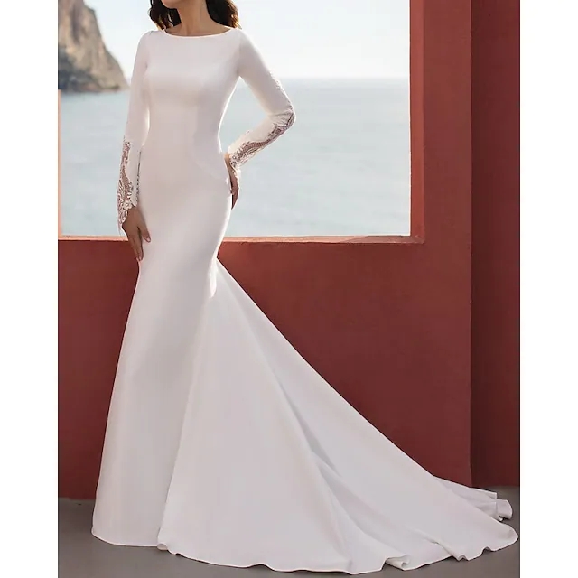 2022 Bridal Gown Mermaid Wedding Dresses Jewel Neck Court Train Lace Stretch Satin Long Sleeve Simple Backless Vestido De Noiva Robe De Mariage
