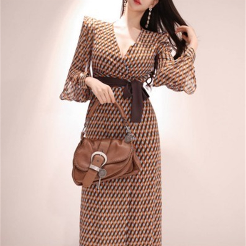 Comelsexy Print Bow Bandage Long Dress Women Spring Wasit Holiday Sexy Dresses Casual Fashion V-neck Vestidos De Festa 210515
