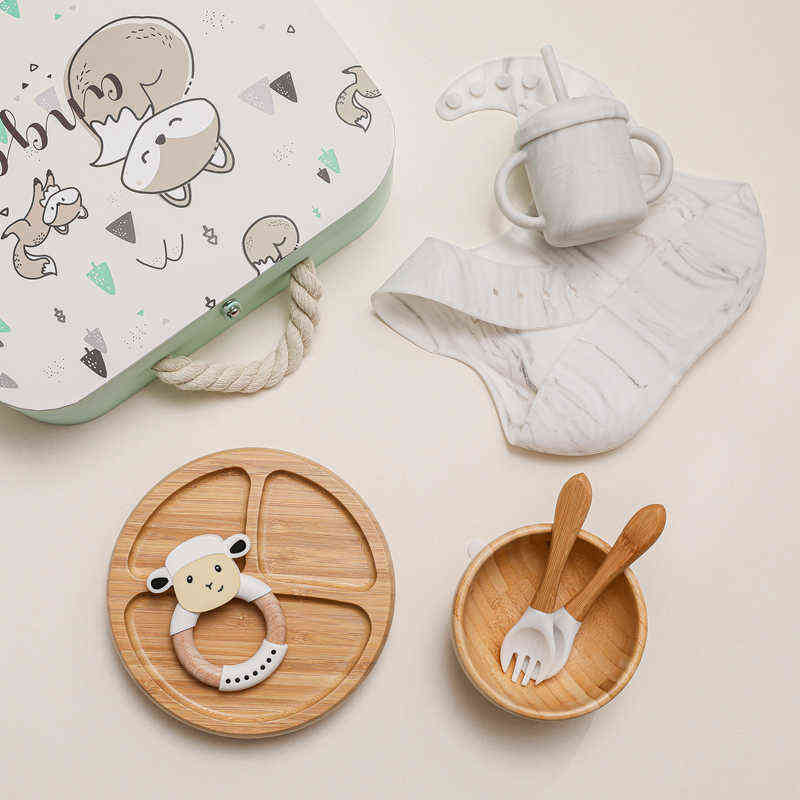 Children's Tableware Suction Cup Plate Baby Dishes 7Pcs/Set Silicone Feeding Set Kids Bibs Spoon Dish Dispensing Drinking Bowl 211027