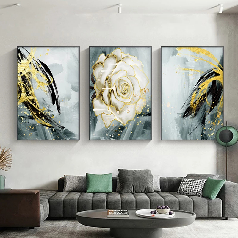 Scandinavian Flower Poster White Rose Canvas Print Modern Golden Green Painting Wall Art Picture for Living Room Interior Decor