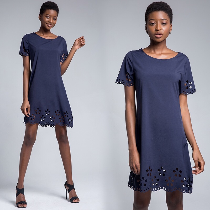 A-line Lady Dress Summer Fashion Casual Round Collar Short Sleeve Women Mini Burning Flower Hollowed 3361 210427