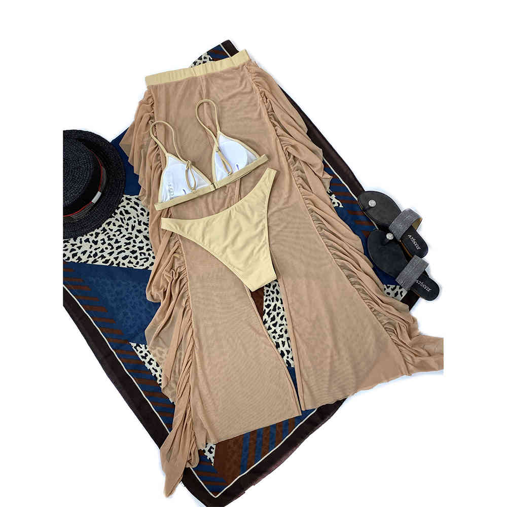Three Pieces Bikini Set With Beach Cover Up Pants Swimwear Women Sexy Swimsuit Female Bather Bathing Suits Swim Lady 210521