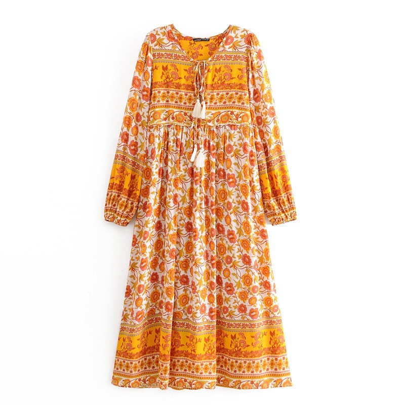 Bohemia Lacing up V neck Location Big Flower Print Long Dress BOHO Woman Sleeve Tassel Strappy Holiday Dresses Beach 210429