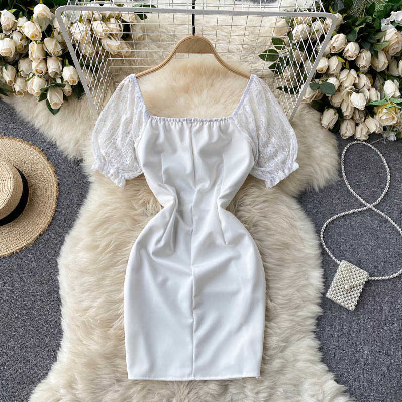 DEAT Women Embroidery Sequins Lace Puff Sleeve Buttocks Dress Square Collar Slim Short Fashion Spring Summer 11B756 210709