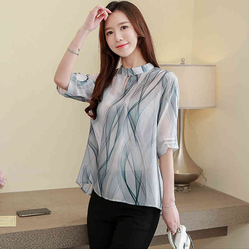 Summer Office Lady Top and Blouse Elegant Printed Stand Collar Short Sleeve Silk Tops Chemisier Femme 10071 210427