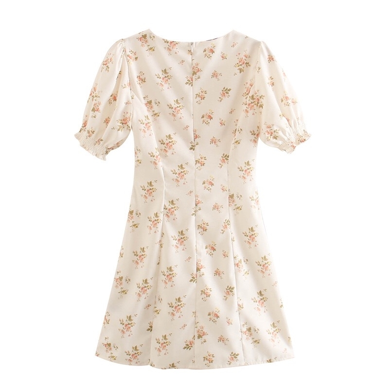 Retro French Small Floral Print Short Puff Sleeve Dress Summer Woman Center Ruched Mini Dresses Holiday 210429
