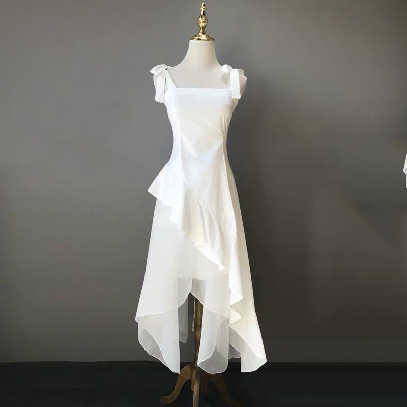 white patchwork mesh summer dress spaghetti strap lace up holidday elegant asymmetrical Romatic French 210421