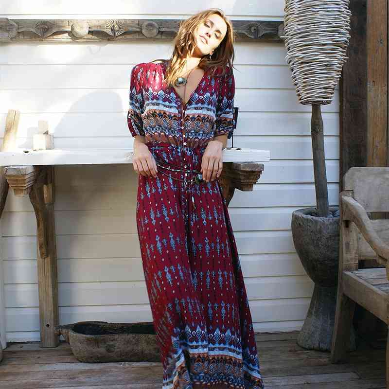 2021 new spring print bohemian dress women's Beach skirt, Wine