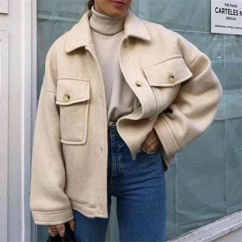 Elegant Women Beige Tweed Coats Fashion Ladies Pocket Button Jackets Streetwear Female Chic Turn Down Collar Outerwear 210430