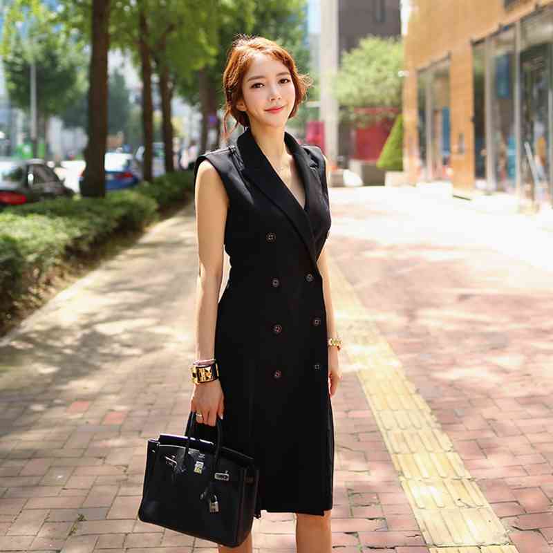Elegant Wear to Work vestidos Business Party Office Lady Women pleated Dress Retro double breasted Sleeveless Summer Dresses 210520