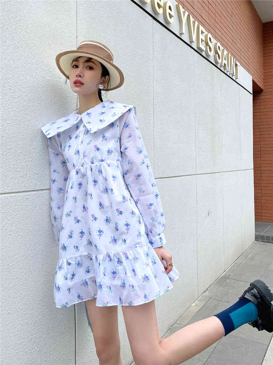 Spring Long Sleeve Cute Korean Dress Women White Floral Print Ruffle Lantern A Line Kawaii Clothes 210427