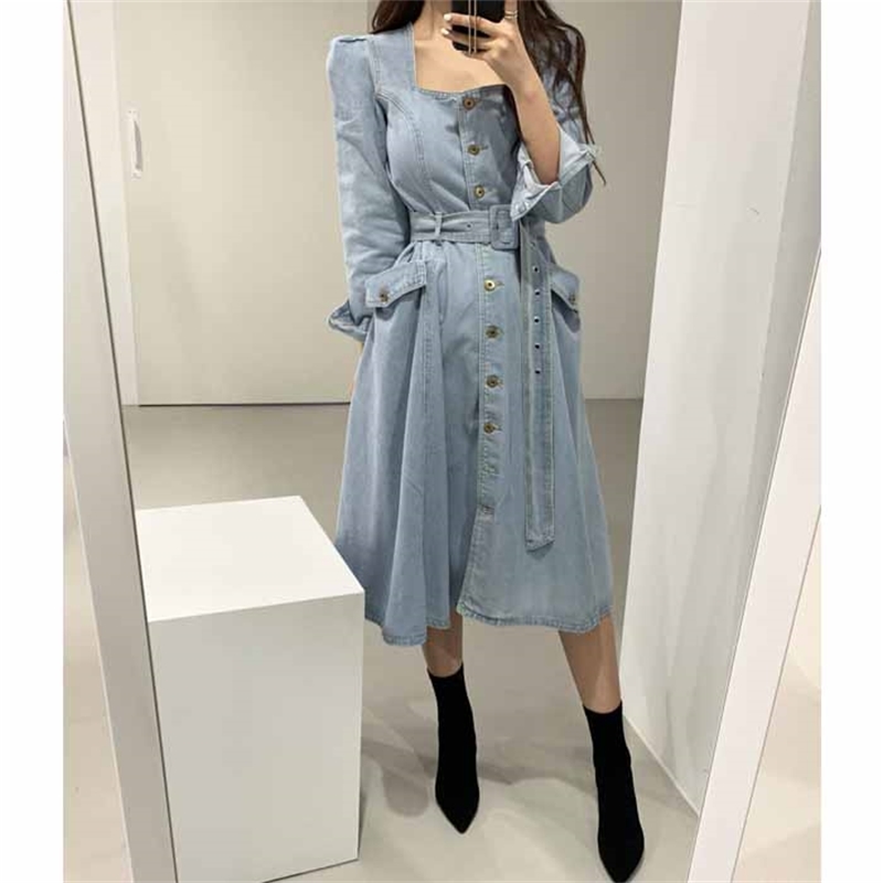 Autumn And Winter Women Denim Dresses Casual Mid-Calf Square Collar Single Breasted Pockets Office Chic 210520