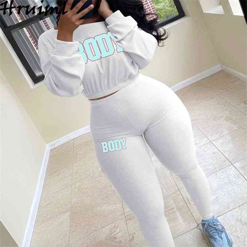 Tracksuit Women 2 Piece Set Letter Print Long Sleeve Crop Top Elastic Waist Pants Sets Casual Outfits Fashion Sweat Suits 210513