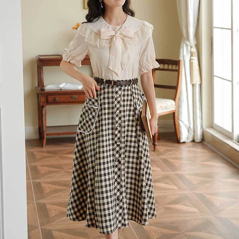 Sweet Fresh Bow Decoration Blouses for Women Summer Peter Pan Collar Patchwork Shirts Elegant All-match Woman Tops 210525