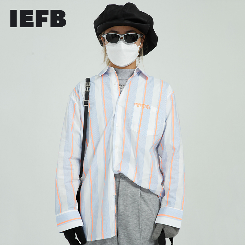 IEFB Men's Clothing Spring Striped Casual Shirt Man's Korean Loose Letter Trend Long Sleeve Shirts Oversize Tops 9Y6788 210524