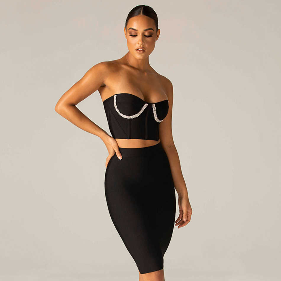 Summer Ladies Black Crystal Tight Bandage Suit 2 Two-Piece Sexy Sleeveless Strapless Top Celebrity Party Set 210525