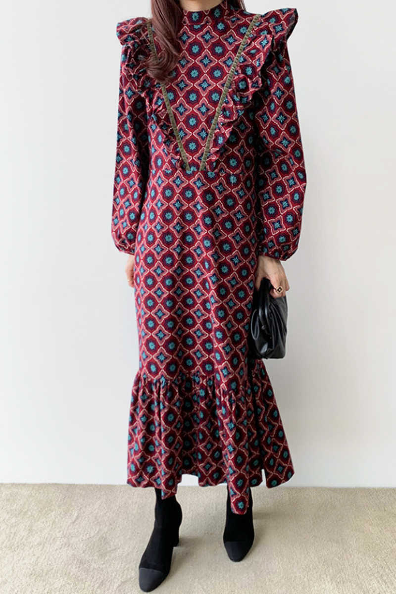 Korean Chic Court Style Full Print Slim Stand Loose Ruffle Trumpet / Mermaid Ankle-Length Dresses for Women 210615Z