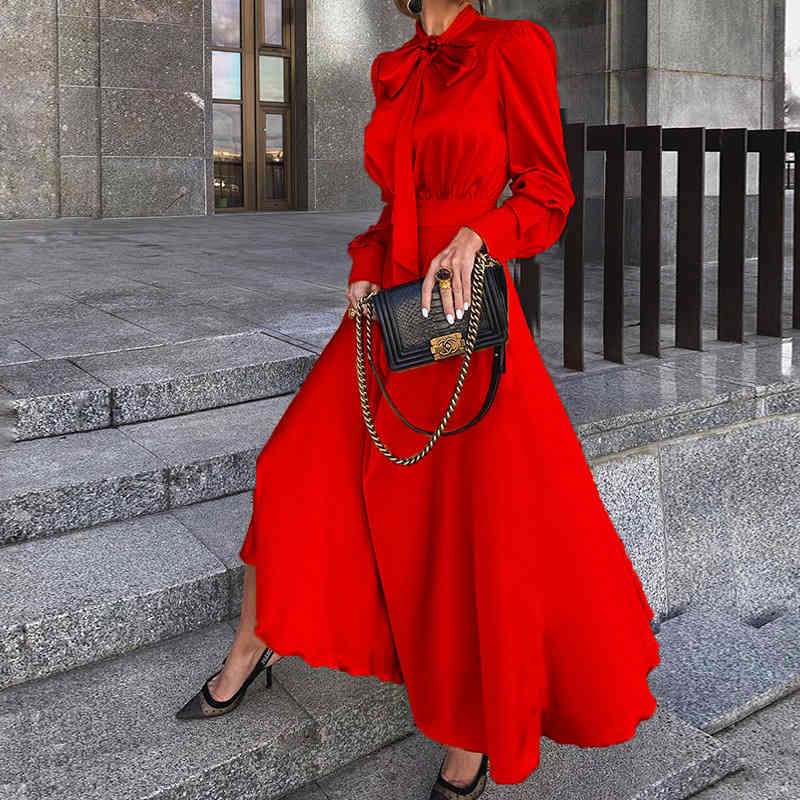 Women Dress Temperament Bow Tie Maxi Long Sleeve High Waist Large Hem Ladies es Black Red Autumn 210513