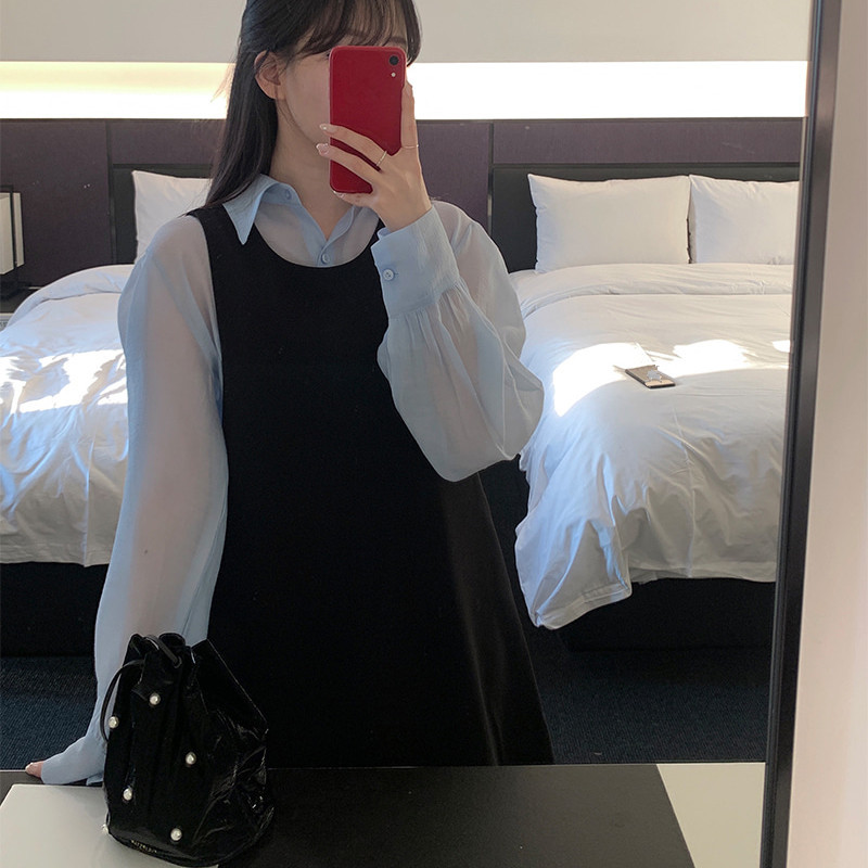 Nomikuma Korean Chic Women 2pieces Sets Turn-down Collar Single Breasted Puff Sleeve Blouse + A-line Tank Dress New Suits 6E361 210427