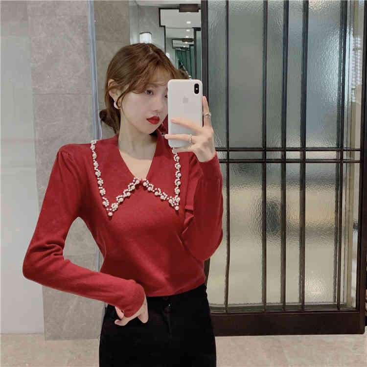 Vintage Women Sweet Peter Pan Collar Beading Office Lady Korean Fashion Elegant Casual Long Sleeve Chic Knitted Sweaters 210519
