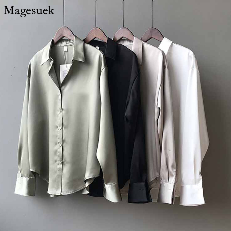 Spring Autumn Blouses Women Casual Solid Loose White Satin Blouse Femme Cardigan Office Lady Long Sleeve Shirt Tops Blusas 11355 210317