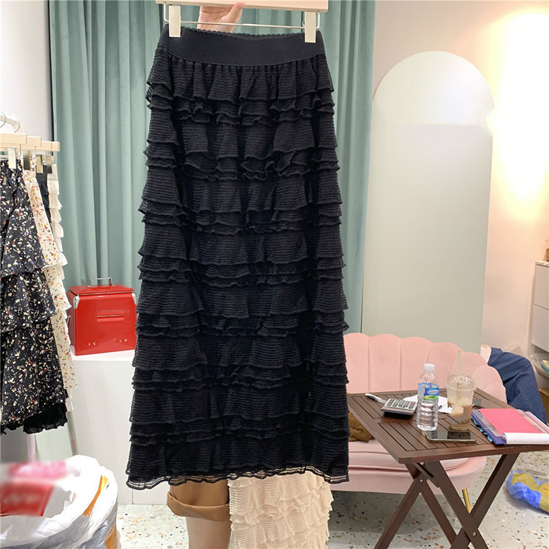 Nomikuma Korean Sweet Mesh Women Skirts Layered Ruffle Lace Bottoms Autumn Winter New Skirt High Wiasy Mujer Faldas 6D431 210427