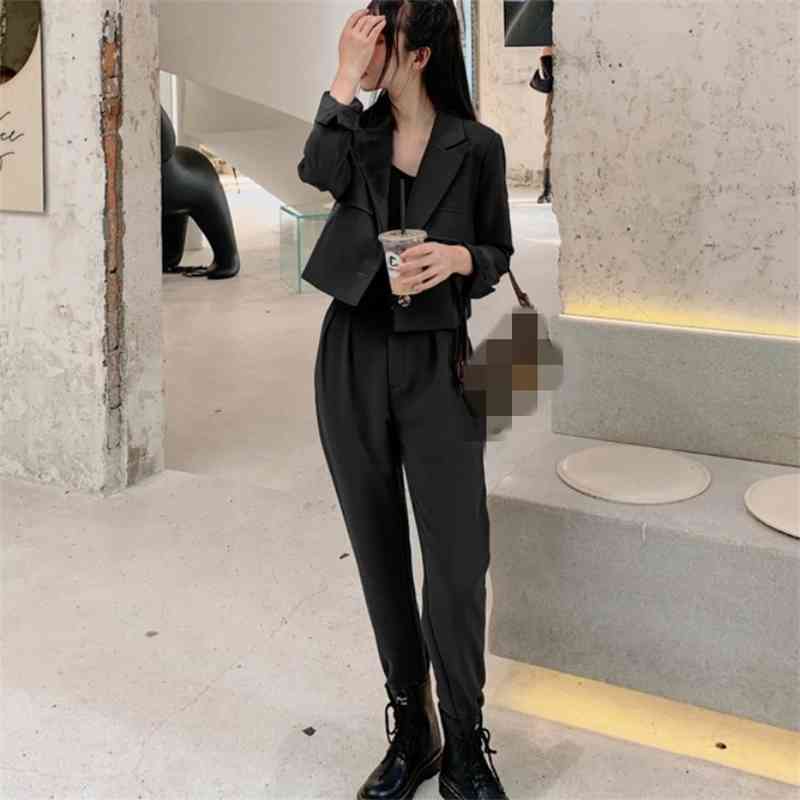 2 Piece Sets Womens Outfits Ladies Office Notched Collar Long sleeve Sexy Short Blazer Coat and High Waist Pants Suit 210519