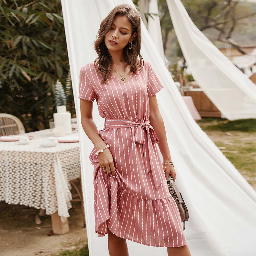 Summer Dresses Women Elegant V-neck Casual A-Line Midi Dress Vintage Pink Yellow Striped Sashes Lace-up Sundress Veatidos 210630