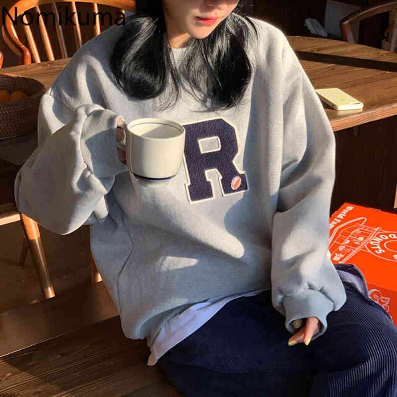 Nomikuma Fleece Pullover Sweatshirt Causal Korean Letter Applique Top Jumper Autumn Winter Long Sleeve Women Hoodies 6D453 210427