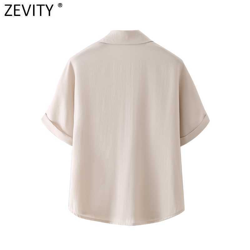 Zevity Women Simply Short Sleeve Solid Pocket Smock Blouse Office Ladies Casual Breasted Business Shirts Chic Blusas Tops LS9330 210603