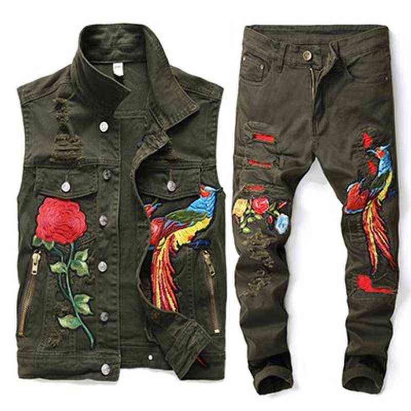 European Style Men's Army Green Loose Set Hip Hop 2 Pieces Embroidered Phoenix Flower Men Clothes Hole Ripped Denim Vests Pants G1209, Mens sets
European Style Men's Army Green Loose Set Hip Hop 2 Pieces Embroidered Phoenix Flower Men Clothes Hole Ripped Denim Vests Pants G1209, Mens sets