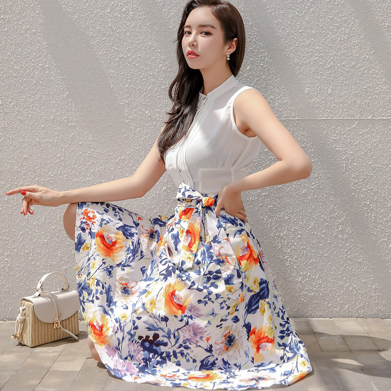 Women Summer 2 Pieces Suits White Sleeveless Shirts Top And Lace-up Print Skirts OL Casual Work Wear Set 210506