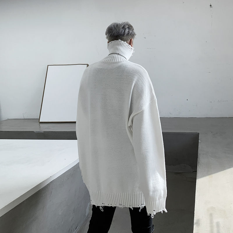 IEFB / men's wear autumn and winter solid color turtleneck hole male's loose pullover sweater bgi size kinted tops 9Y4059 210524