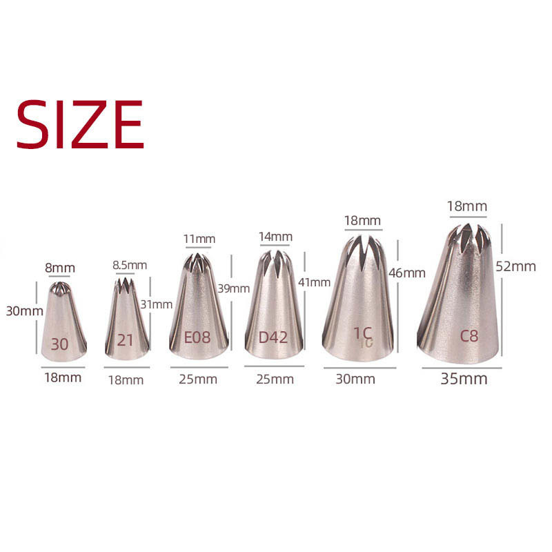 6Pcs/Set Silver Pastry Nozzle Fondant Decor 8-tooth Kitchen Gadgets Cookies Supplies 304 Stainless Steel Cakes Decoration
