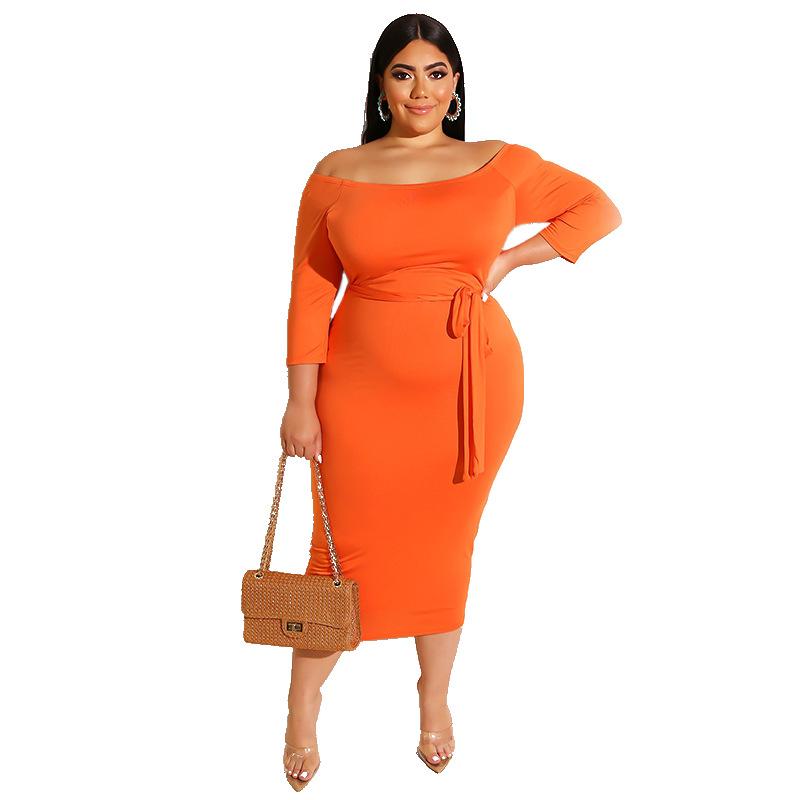 Casual Dresses Summer Fall Solid Plus Size Women Dress Slash Neck Long Sleeves Stretchy Mid Calf Bodycon For Party Nightclub