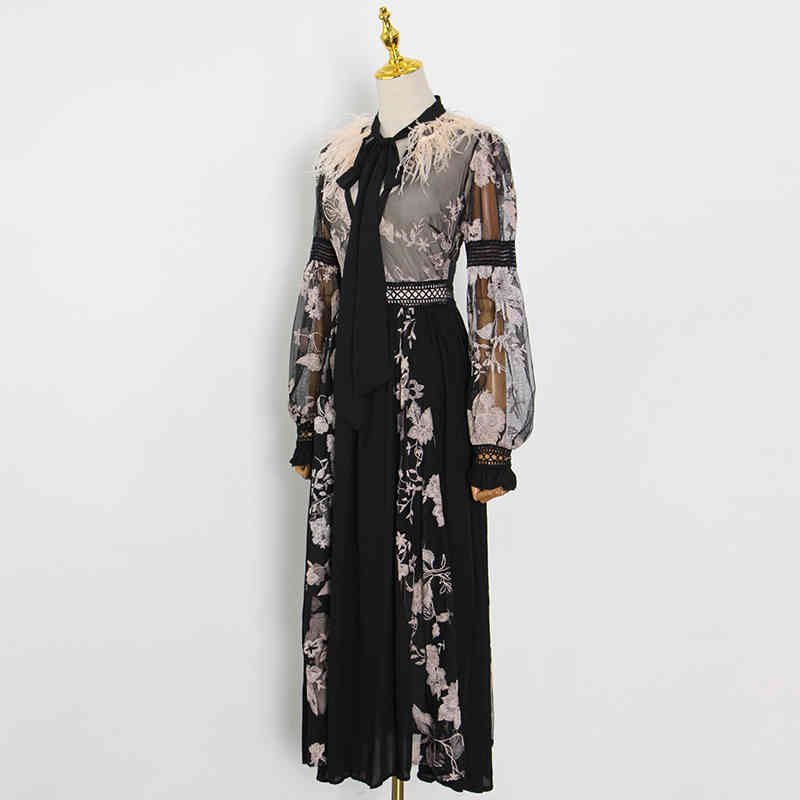 Perspective Black Dress For Women Bow Collar Lantern Long Sleeve High Waist Midi Dresses Female Spring Fashion 210520