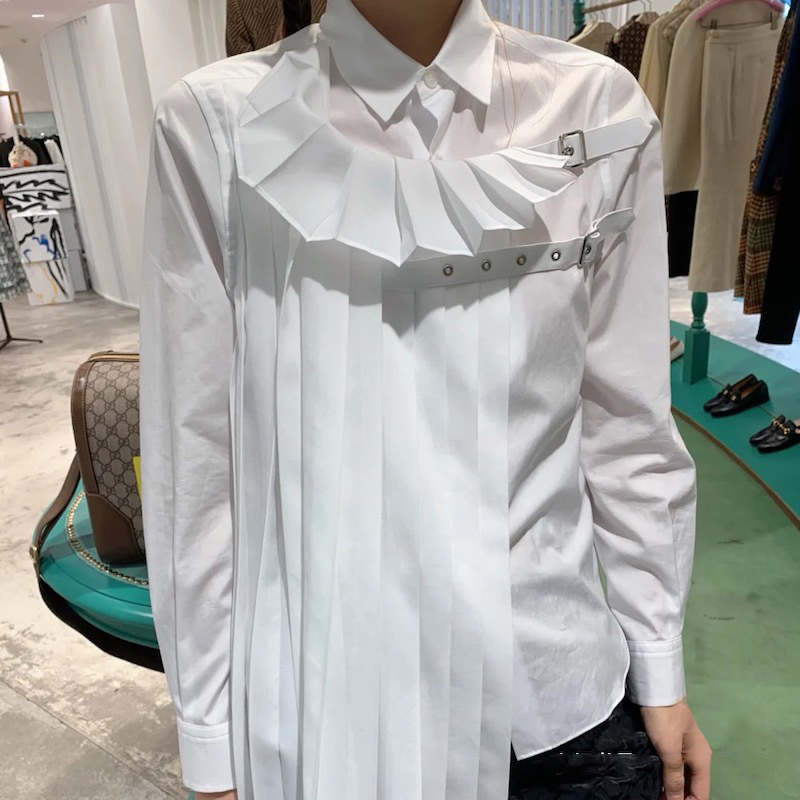 White Pleated Casual Shirt For Women Lapel Long Sleeve Patchwork Button Blouse Female Fashion Clothing Spring 210524