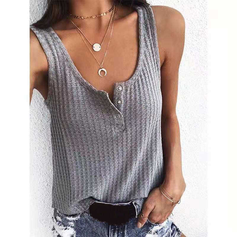 Sexy Summer U-neck Button Black Plaid Sleeveless Tank Top Women Casual Loose Cotton Ribbed Tops Wide Strap Camisole 210604