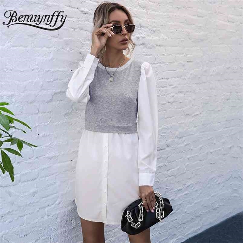 O-Neck Color Block Button Front Shirt Dress Women Spring Fashion Long Sleeve High Waist Female Short A-line 210510