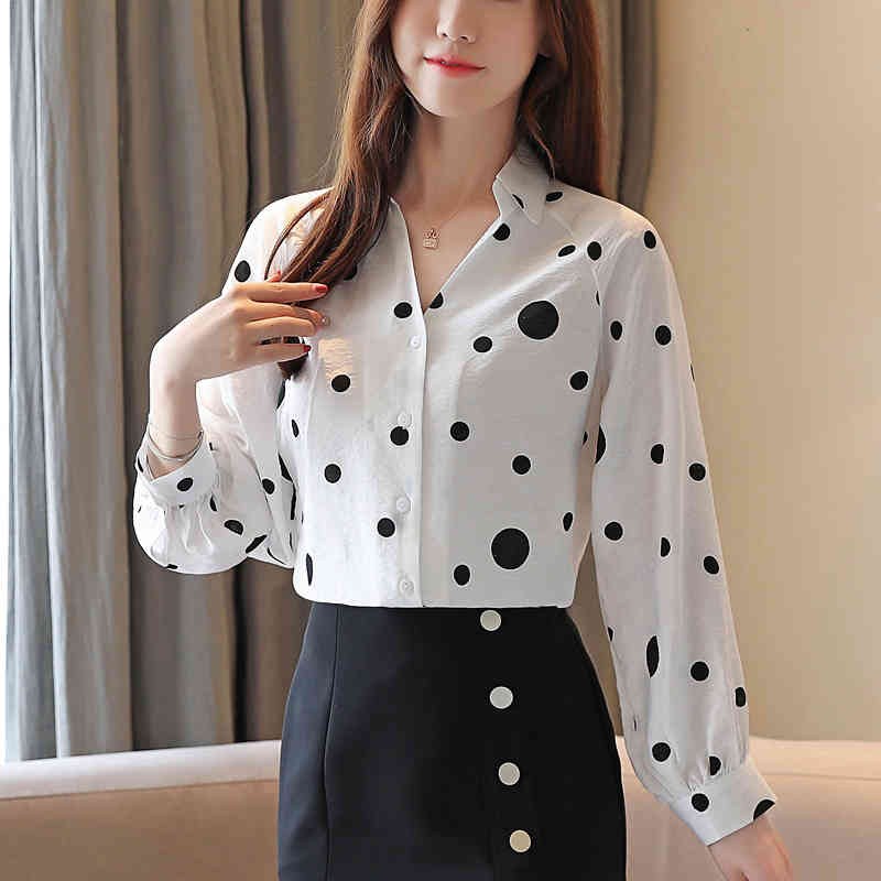 Autumn Fashion Elegant Women Blouses Casual Tops Shirts Clothing Long Sleeve V-neck Polka Dot 6143 50 210508
